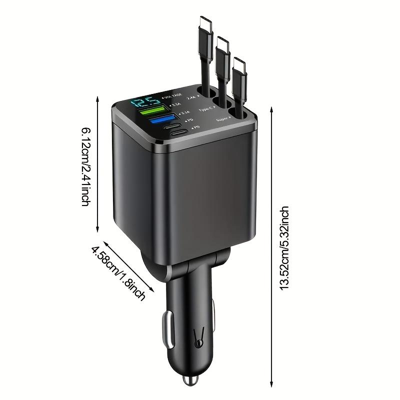 7-in-1 Smart Car Charger with LED Voltage Display, Retractable PD Fast Charging Cable and 120W Output