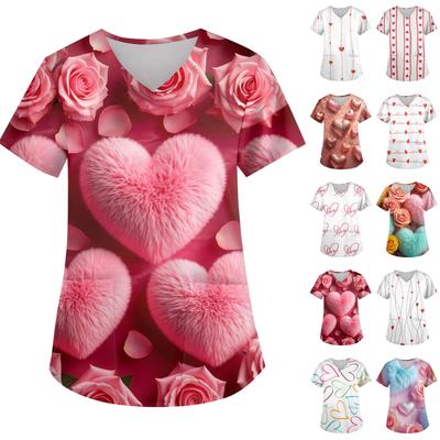 Ladies' Valentine's Day Printed Fashionable V-neck Pocket Short Sleeved  Uniform And Caregiver Top