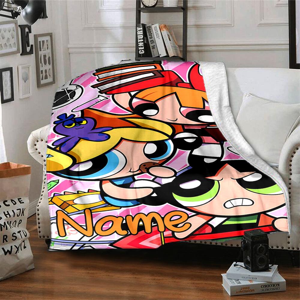 Custom Name Powerpuff Girls Adventure Flannel Blanket for Super Soft Cute Comfort Blanket for Travel Bedding Couch Sofa Blanket