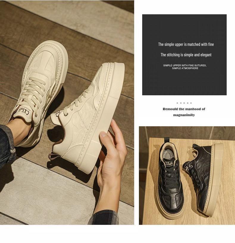 Beige Embossed Men's Breathable Thick-Soled Casual Trendy Board Shoes