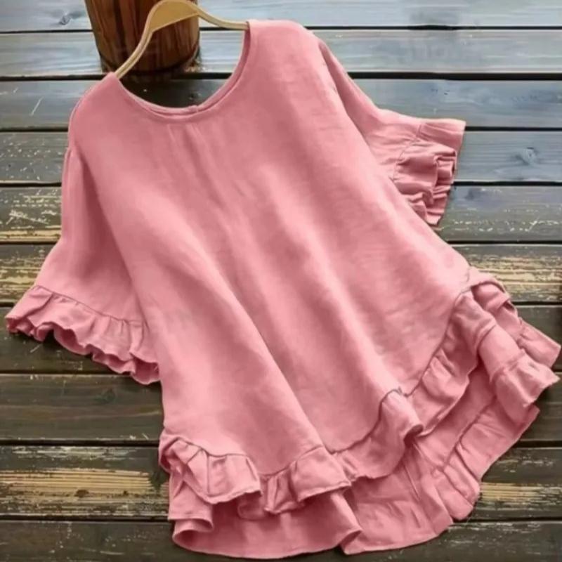 Plus Size Women's Solid Color Casual Short Sleeved Round Neck T-Shirt Ladies Ruffled Hem Women's Back Button Up Top