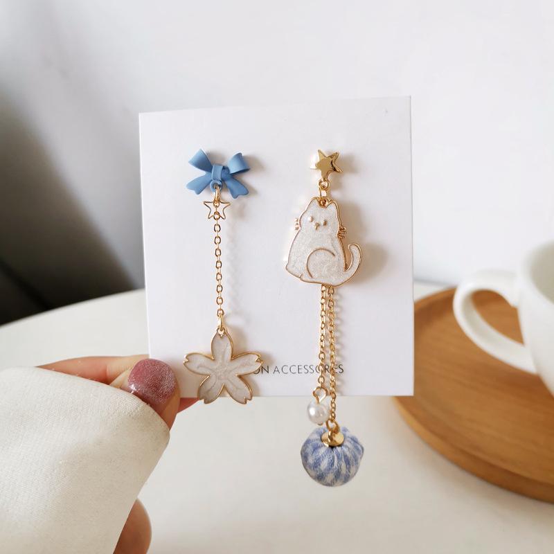 Cute Enamel Cat Balloon Stud Earrings for Women Korean Trendy Lovely Rabbit Flower Asymmetrical Tassel Earring Party Jewelry