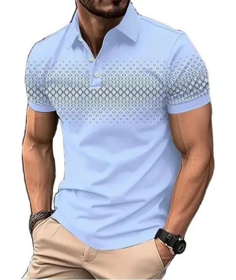 Men's Korean-Style Printed Color Block Lapel Polo Shirt Fashionable Minimalist Casual Short-Sleeve Top