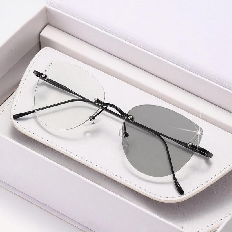 High Quality Frameless Pochromic Myopia Glasses All Titanium Ultra Light Cat Eye Anti Blue Light Glasses Diopter To -4.0
