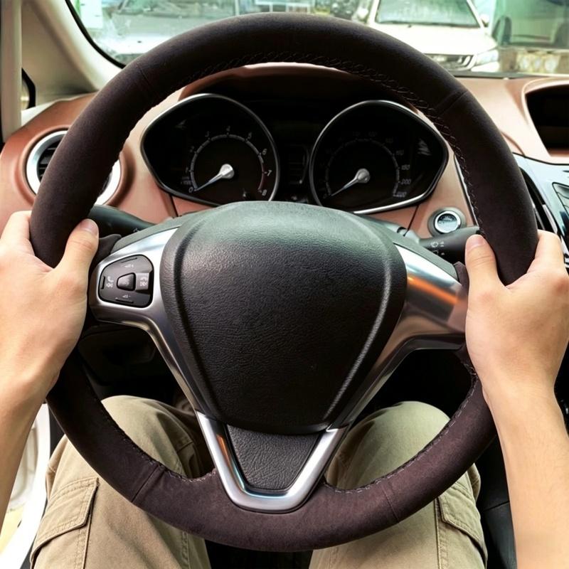 Car Interior Hand Stitched Black Breathable Soft Suede Leather 2008-2017 Steering Wheel Cover For Ford EcoSport Fiesta