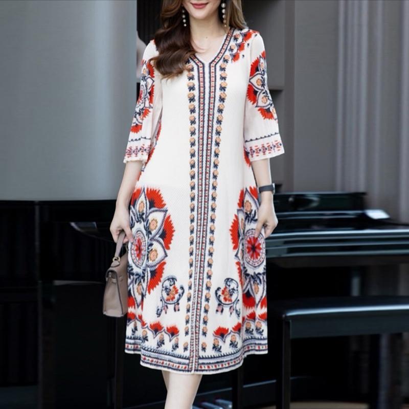 ZANZEA Women Ethnic Print Casual V-Neck 3/4 Sleeve Loose Dress