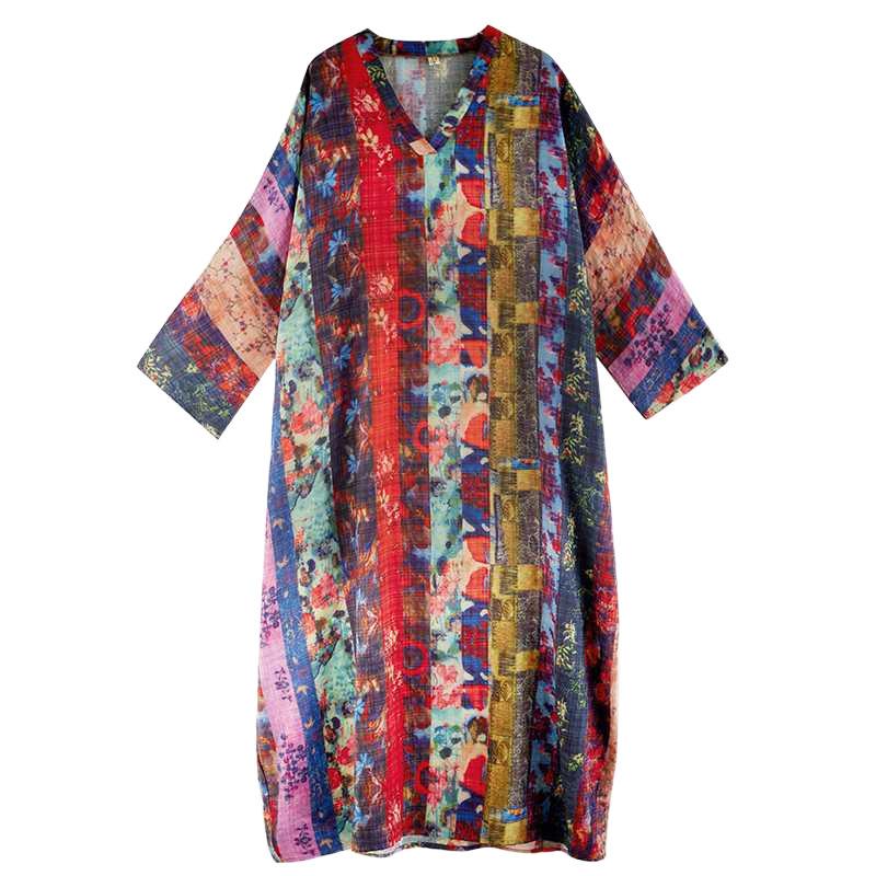 Vacation Style V-neck Retro Long Skirt Cotton Linen Dress