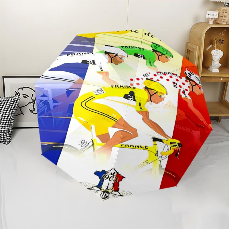 Tour de France Print Automatic Umbrella, 8 Rib Iron Frame, Plastic Handle, Suitable for Outdoor Travel &Daily , Ideal Gift