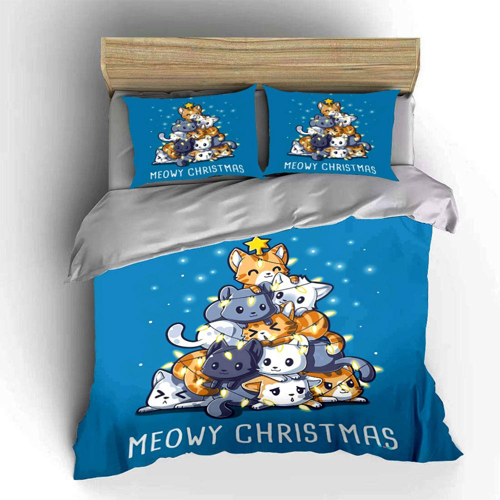 Christmas Cat Tree Pattern Bedding Duvet Cover Set Duvet Cover Pillowcases  (1*Duvet Cover 2*Pillowcases, Without Duvet Insert)