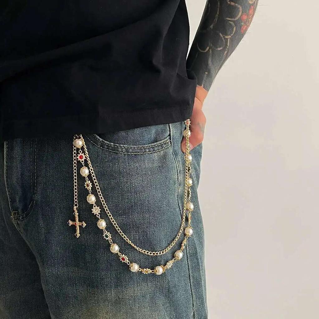 Salircon Punk Cross Rhinestone Pendant Keychain for Men Women Goth Pants Chain Hip-Hop Trousers Chain Belt Chain Male Jewelry
