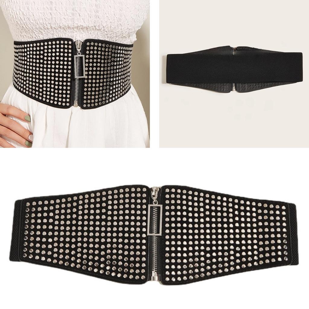 Small Flat Multiple Nail Zipper Waist Seal Waistband With Rivets Belt Black