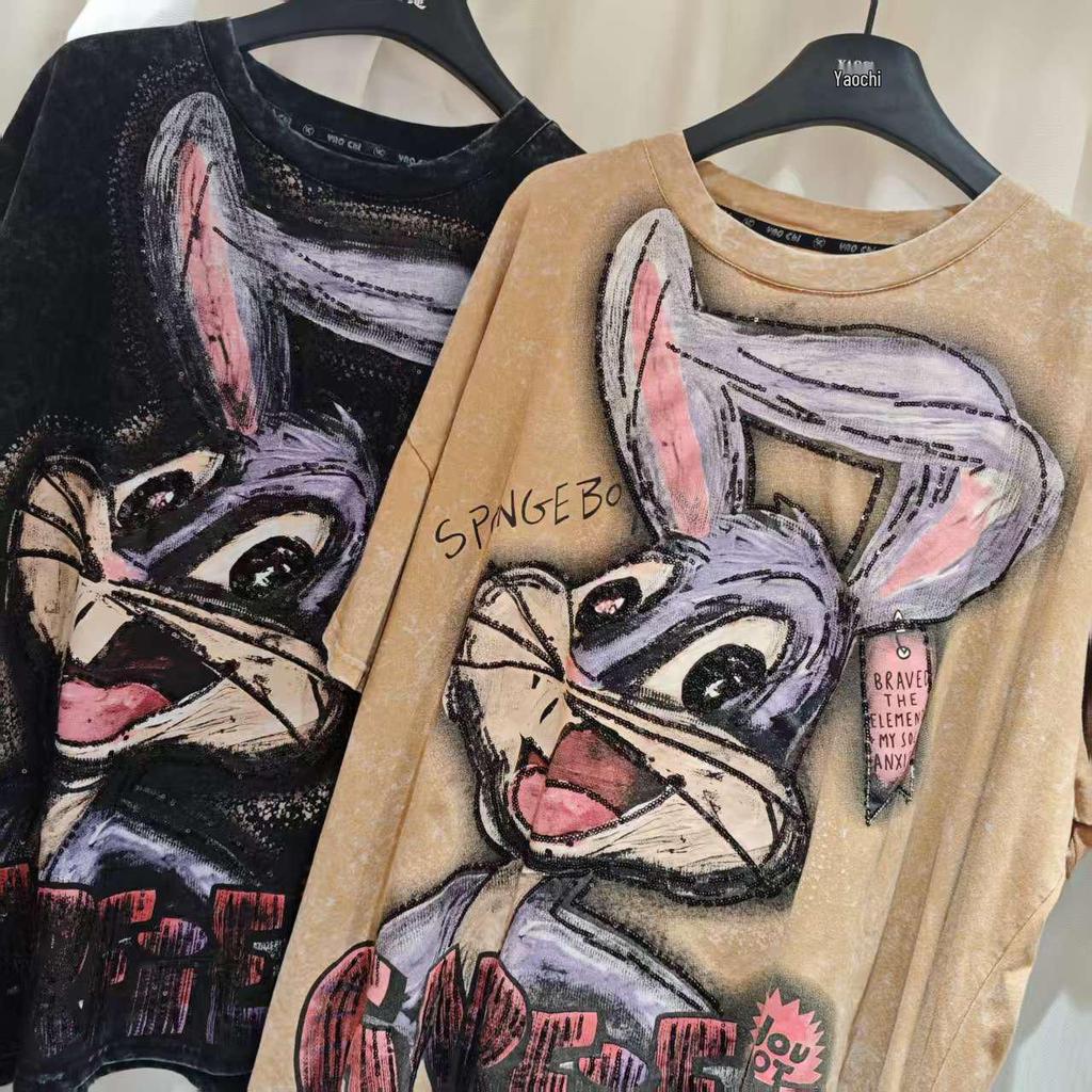 Trendy European & American Retro Distressed Cartoon Cotton T-Shirt - Women's Loose Fashion Short Sleeve Top for Autumn