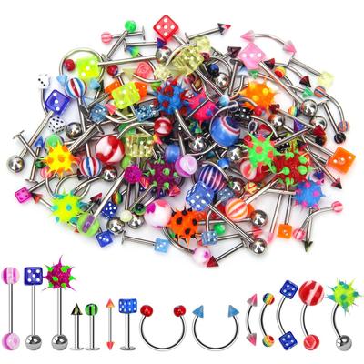 110PCS Body Jewelry Piercing Eyebrow Navel Belly Tongue Lip Bar Ring