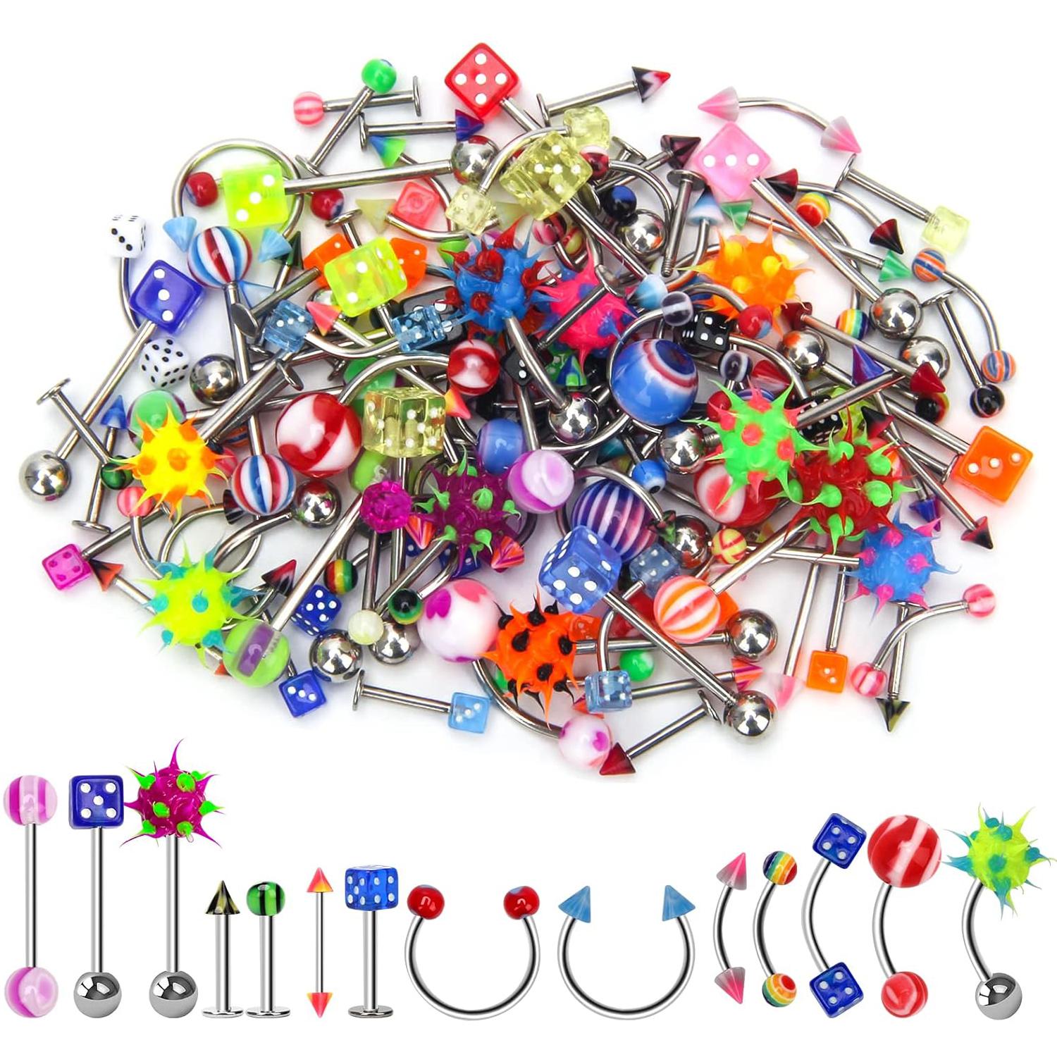 

110PCS Body Jewelry Piercing Eyebrow Navel Belly Tongue Lip Bar Ring 110pcs