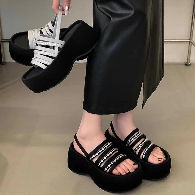 2025 Summer Platform Flats Women's Fashion Sandals Fashion Crystal Narrow Band Dress Slides Outdoor Shoes