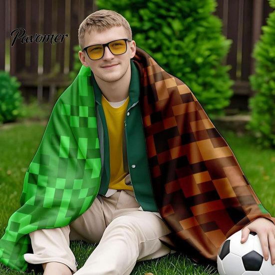 Miners Style Games Throw Blanket Pixel Grid Kids Flannel Blanket, Geometric Patchwork Pixelated Bed Versatile Home Cartoon Gamepad Video Girls