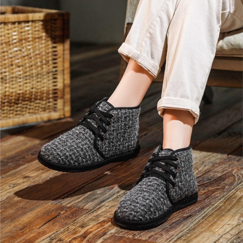 Johnature Casual Women's Short Boots Plush Warm Cotton Shoes Handmade Soft Sole Lace-up Cloth Shoes