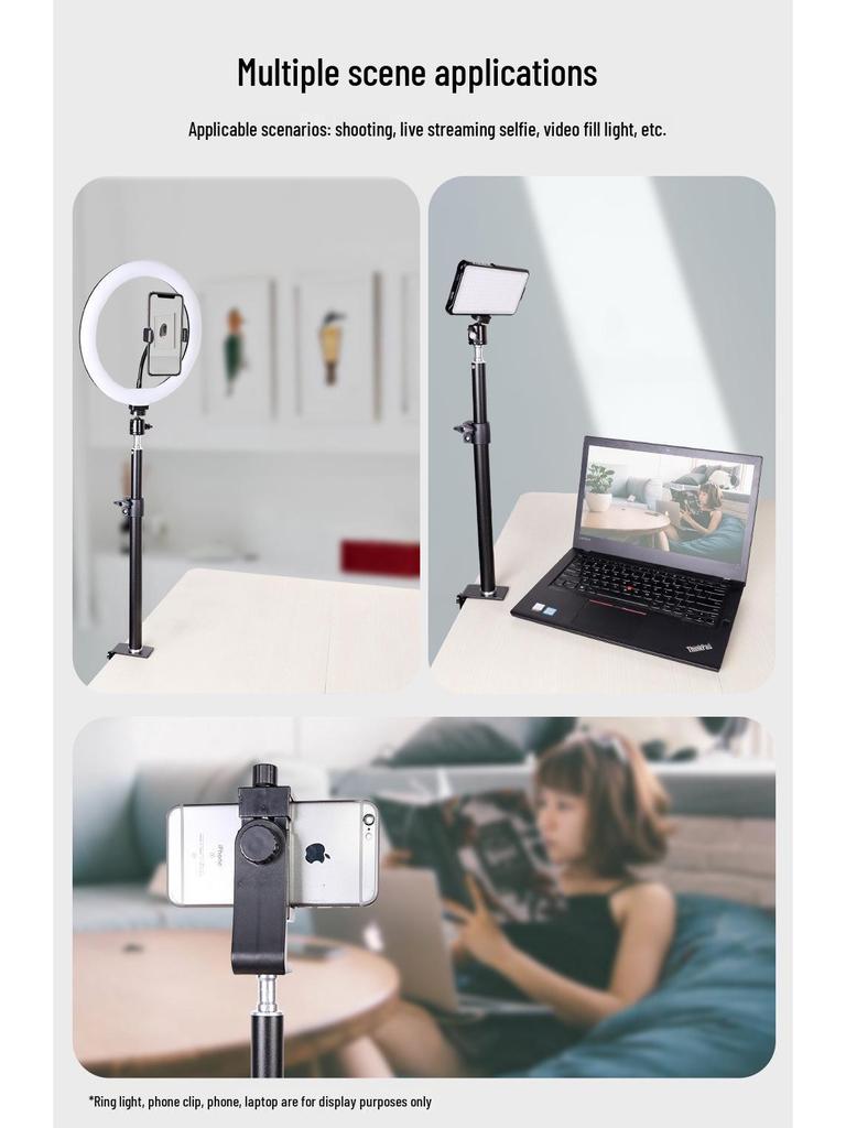 Telescopic Phone Stand with Strong Clamp for Live Broadcasts and Overhead Food Photography, Includes Fill Light