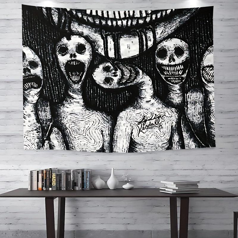 Dark Terror Hand Drawn Tapestry, Black White Gothic Wall Art for Bedroom Home Decor