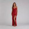 Women Sequined Spaghetti Strap V Neck Bodycon Long Evening Party Dress