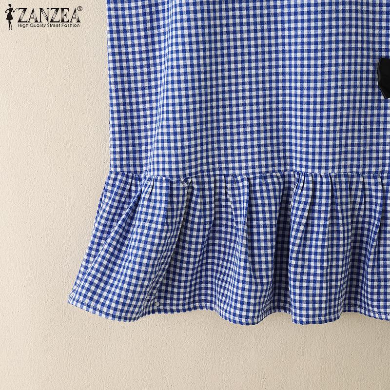 ZANZEA Womens Summer Round Neck Sleeveless Plaid Print Tank Tops