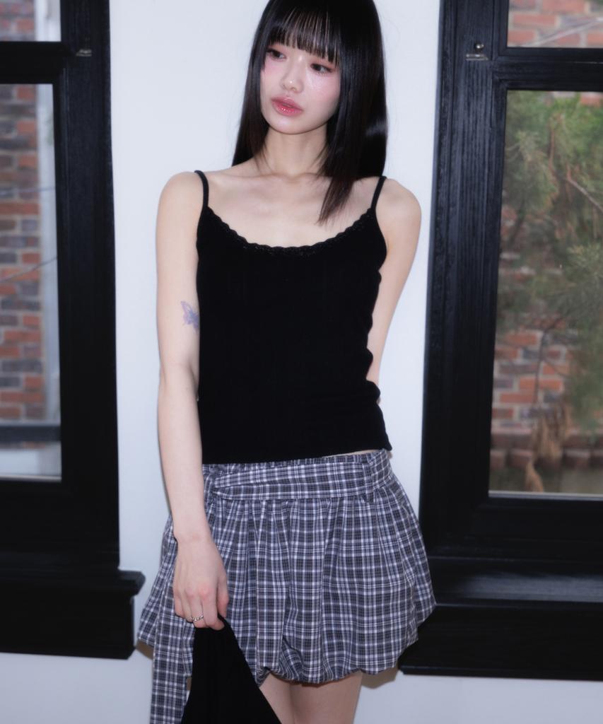 Rose Franz Balloon Check Belted Miniskirt [Black]