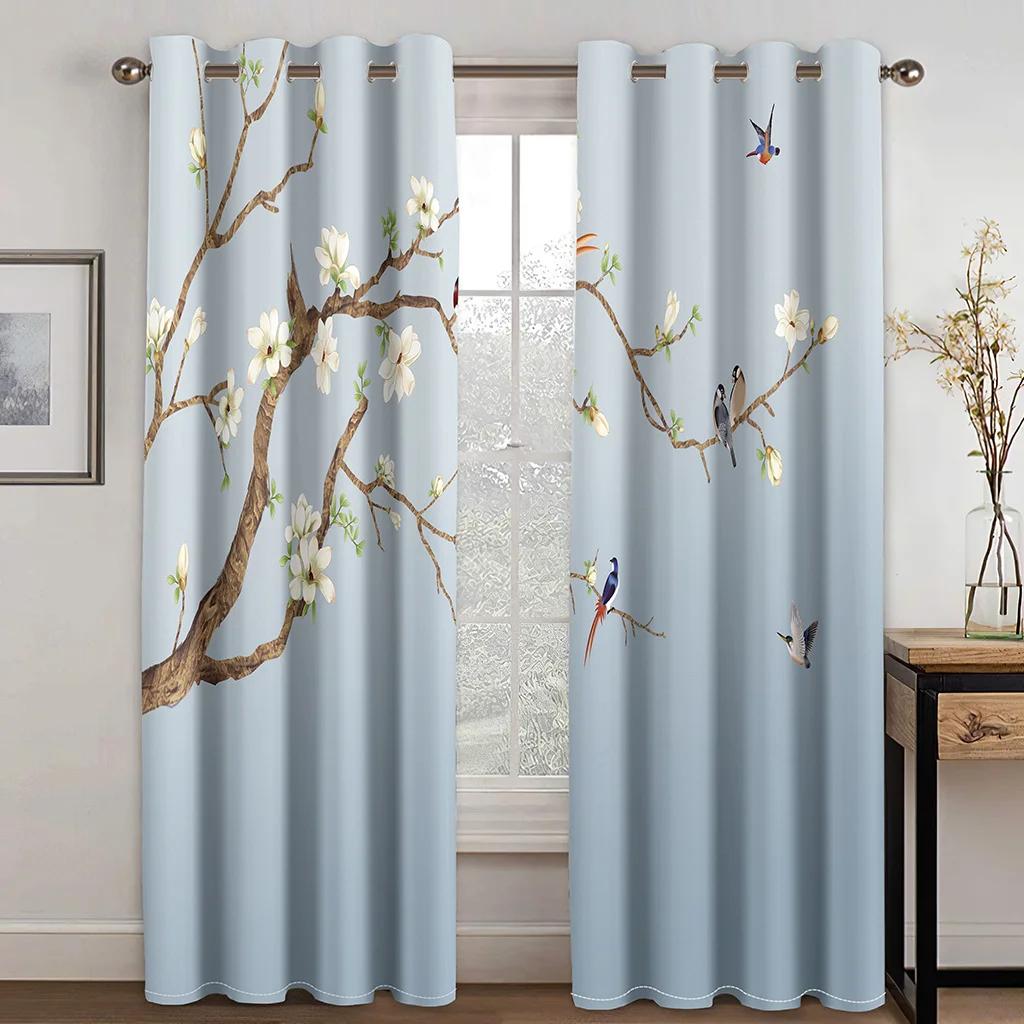 Chinese Drape Flower Bird Branch Print Curtain for Bedroom Room Balcony Floor-to-ceiling Window Kitchen Blinds Curtain 2 panels
