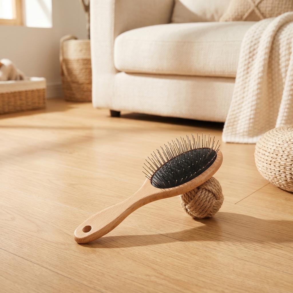 Pet Grooming Brush with Wooden Handle and Metal Pin Bristles for Shedding Control and Coat Maintenance Suitable for Dogs and Cats