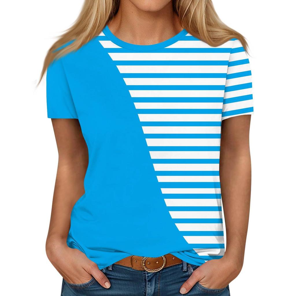 Summer Round Neck 3D Striped Print Top Fashionable Casual Short Sleeved Women's T-shirts