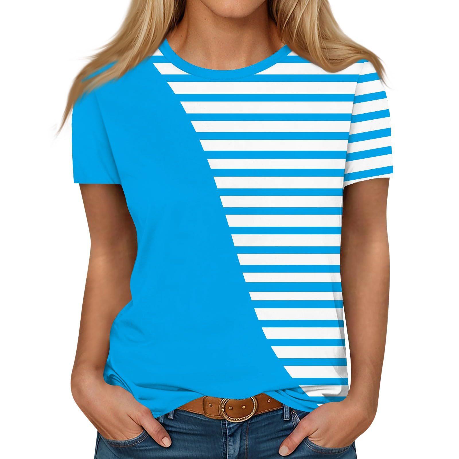 

Summer Round Neck 3D Striped Print Top Fashionable Casual Short Sleeved Women s T-shirts XS