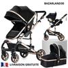 BAZARLAND30. 3-in-1 Baby Stroller Combo Car Seat Bassinet Reversible Adjustable High Quality Puncture-proof Wheels Black and Gold Handle