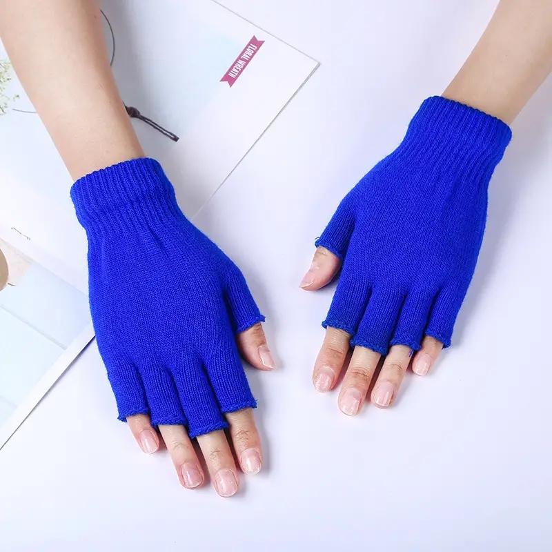 1Pair Black Short Half Finger Gloves Unisex Knitted Elastic Warm Wrist Glove Solid Color Winter Soft Guantes Cycling Accessories