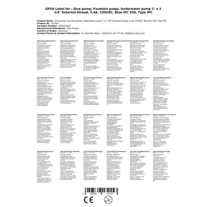 Submersible Clear Water Pump 0.55kW - Well Pump, Sump Pump