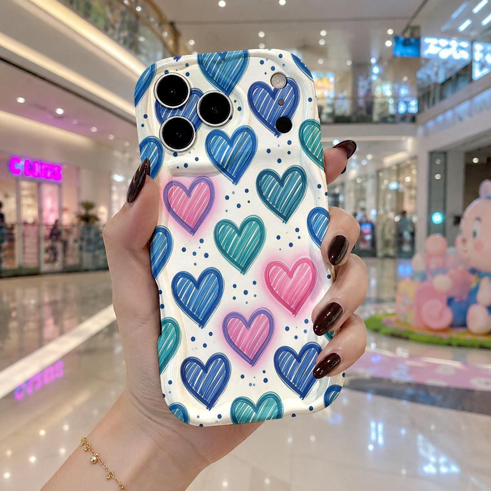 Wavy Edge Phone Case For iPhone 16 15 14 Pro Max 13 12 Mini 11 XR XS SE Sketch Striped Heart Pattern Cover