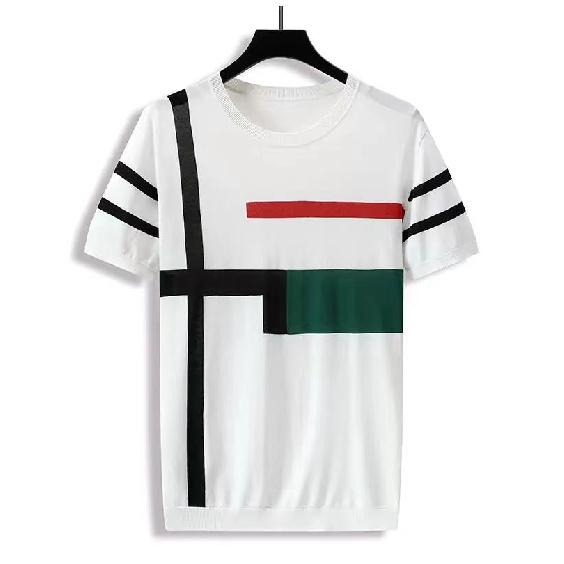 

2025 Персонализированная Лоскутная Полосатая Тонкая Футболка с Коротким Рукавом и Круглым Вырезом Универсальный Летний Новый Мужской Трикотаж M белый