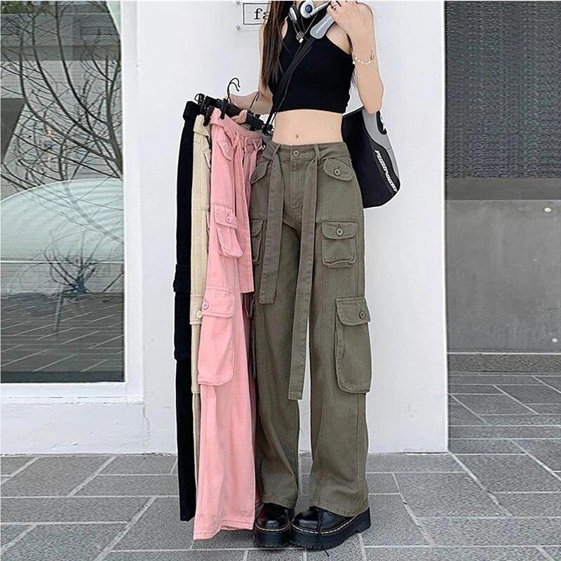2024 New Women's Casual Fashion Multi Pocket Street Wear Women's Long Pants Casual Straight Leg Pants