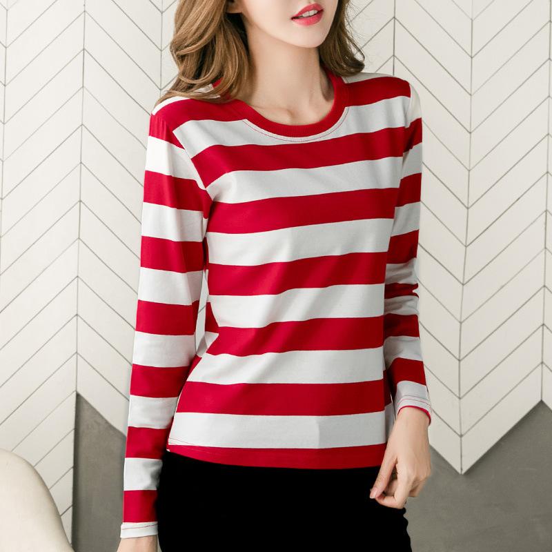 Frühling Herbst Langarm Oberteil Damen Tragbares Streifen T-Shirt Bequeme Basisschicht Vielseitige Damenbekleidung