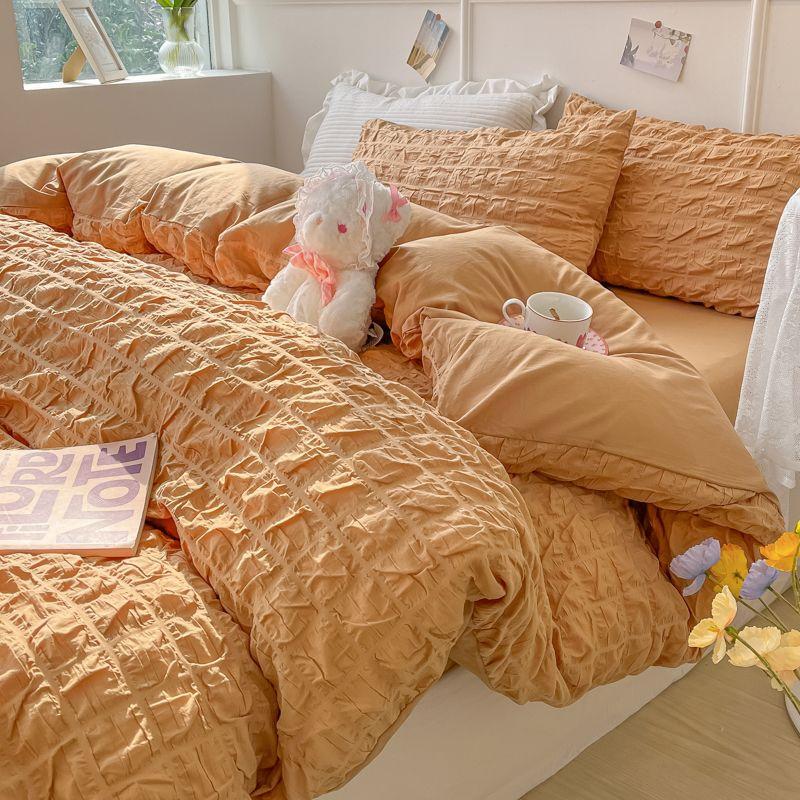 Seersucker Bedding Sets Solid Color Washed Cotton Microfiber Duvet Cover Flat Sheet Pillowcases Soft Bed Linen For Girls