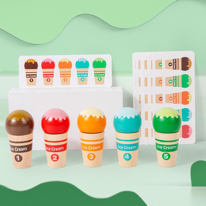 Drewniane zabawki Montessori w kolorze lodów, dopasowywanie kształtów, zabawki edukacyjne do wczesnej nauki, z kartami wzorów i trwałym rzepem