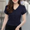 ZANZEA Women Casual V-Neck Solid Color Short Sleeve Blouse