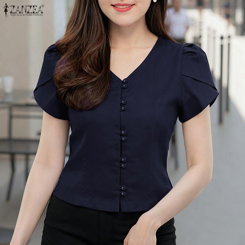ZANZEA Women Casual V-Neck Solid Color Short Sleeve Blouse