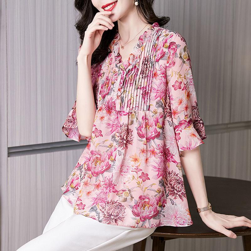 

Элегантная модная повседневная винтажная рубашка на пуговицах с цветочным принтом, новые летние и осенние свободные топы с v-образным вырезом и половиной рукавов, женская одежда M