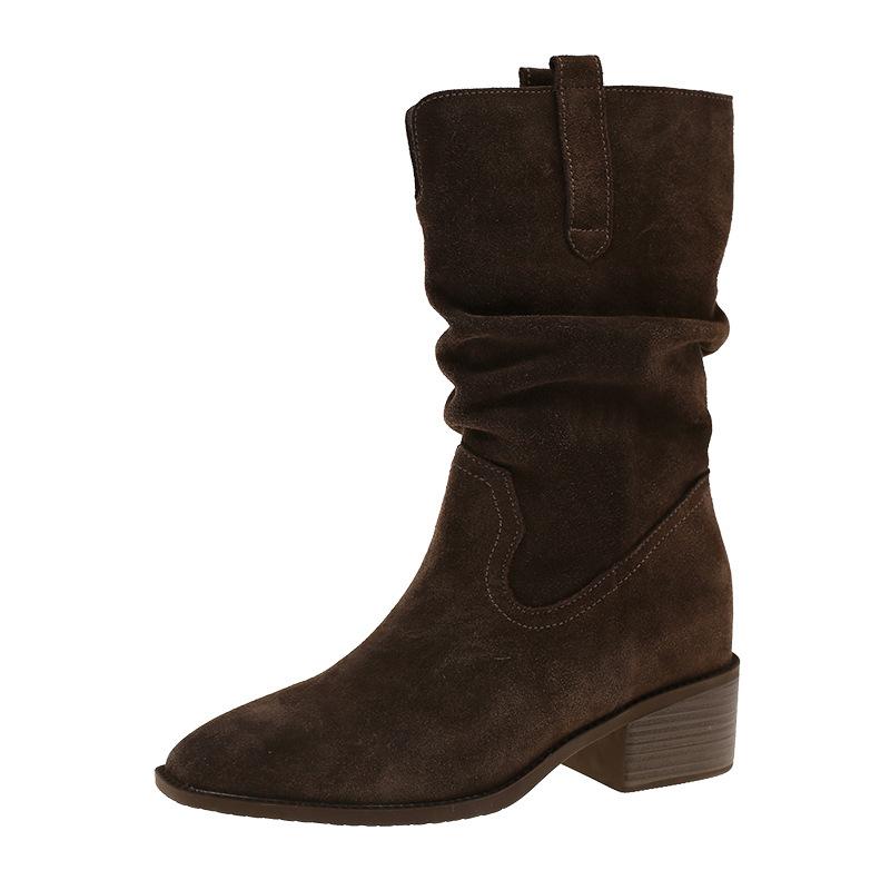 Coarse-heeled short boots women's 2025 autumn new high-heeled pointed-toed thin pleated piled boots retro British fashion boots