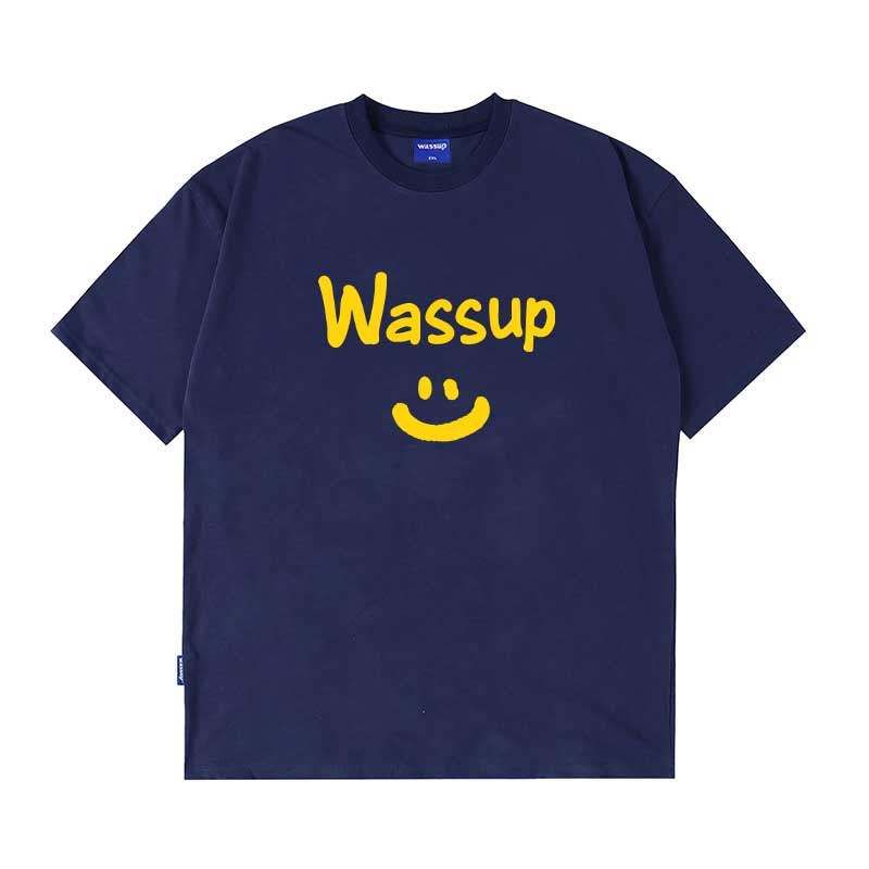 Wassup Trendy Smiley Letter Men and Women Same Type T-shirt Summer Loose All-Match Trendy Tee Couple round Neck Short Sleeve