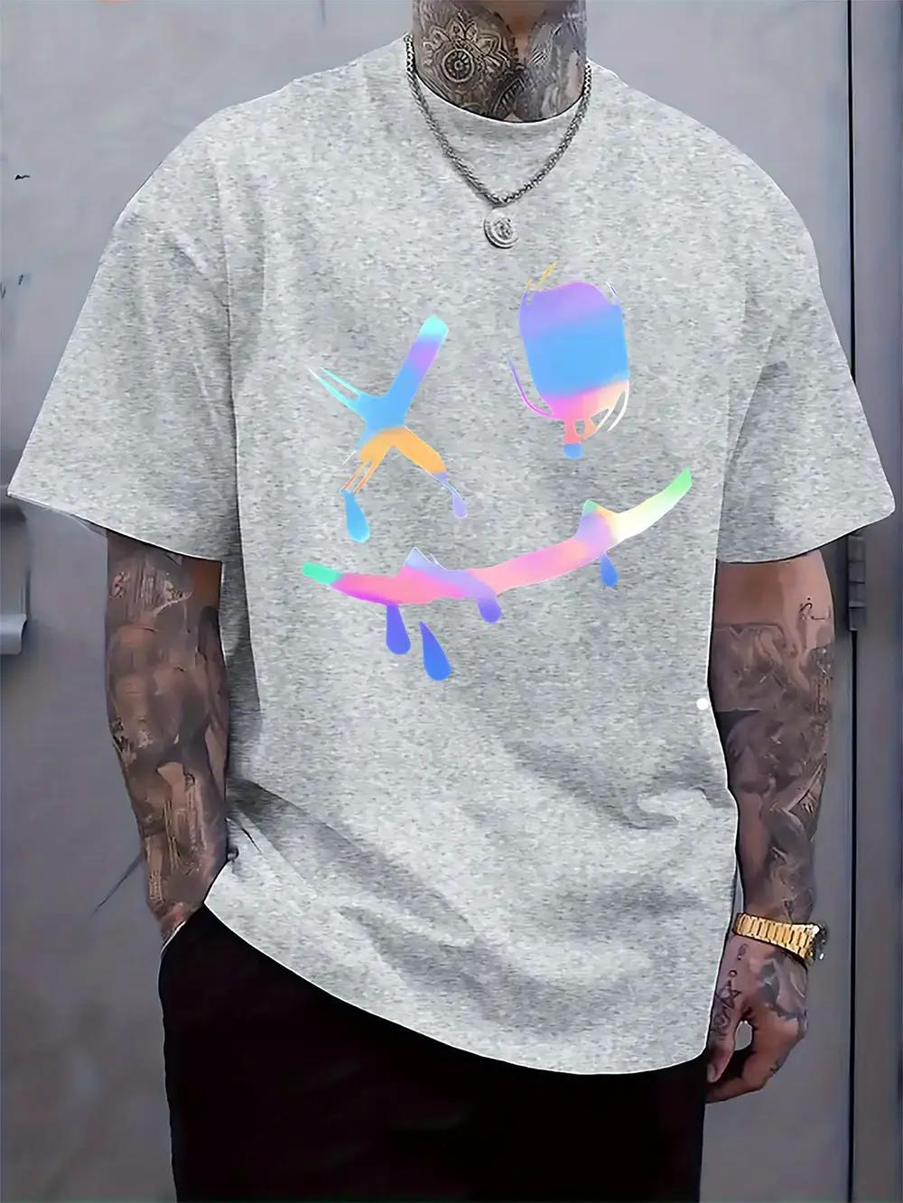 Casual Crew Neck T-shirt with Vibrant Abstract Print - Short Sleeve S