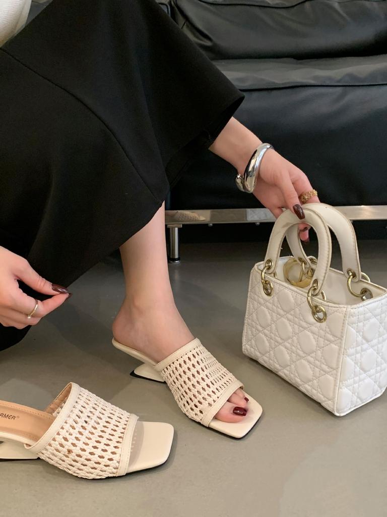 2025 European and American Light Luxury Casual Style Woven Special-shaped Wedge Heel Medium and High Heel Slippers Large Size