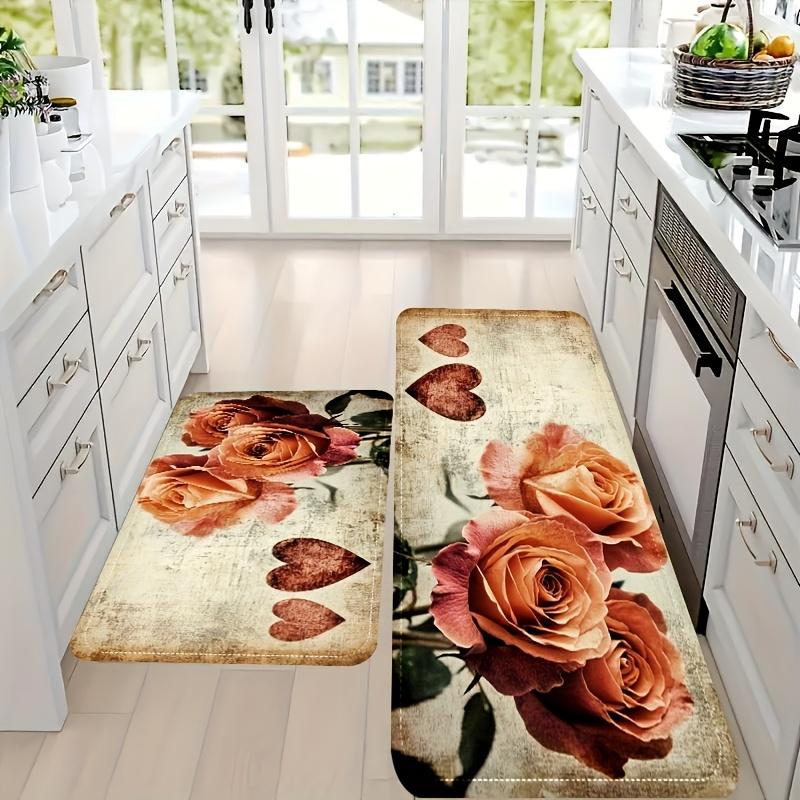 1 Stück Anti-Ermüdungs-Küchenteppiche Vintage Rosen Druck Wasserdicht Rutschfest Dick Gepolsterte Küchenmatte Schwerlast Komfort Stehmatte für Küche