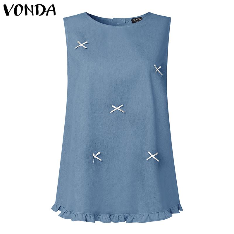 

VONDA Летние женские топы без рукавов с круглым вырезом, пэчворк с бантом, повседневные майки 4XL синий