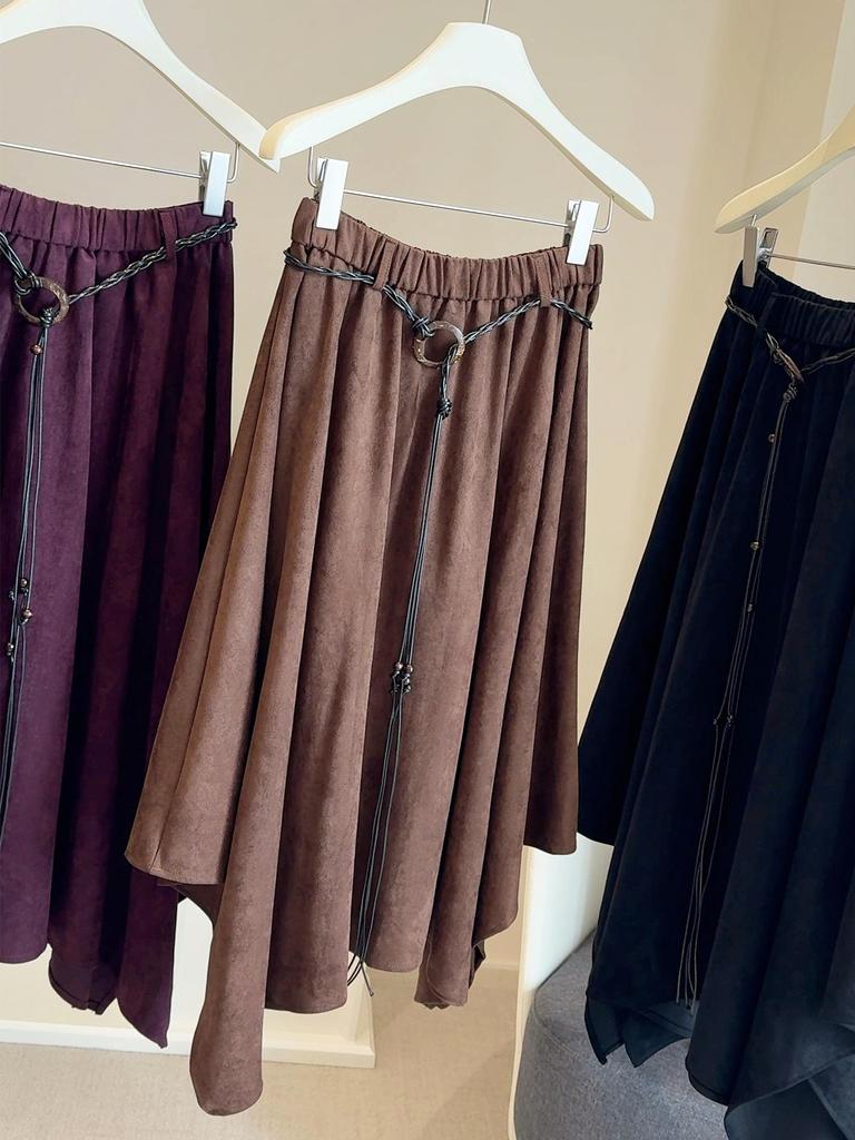 Autumn 2025 Retro Suede A-line Mid-length Skirt: High Waist, Irregular Hem, Versatile & Slimming for Women