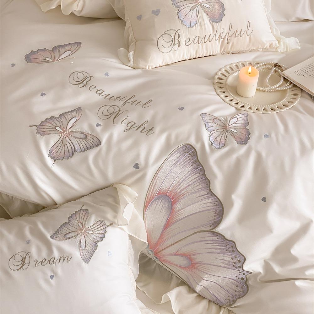 Lace Cotton Bedding Four-piece Set Princess Wind Butterfly Embroidery Skin-friendly Breathable Bed Sheet Quilt Cover Pillowcase Set